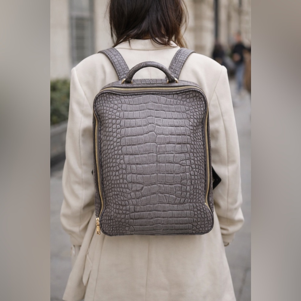 Gray Crocodile-Embossed Backpack